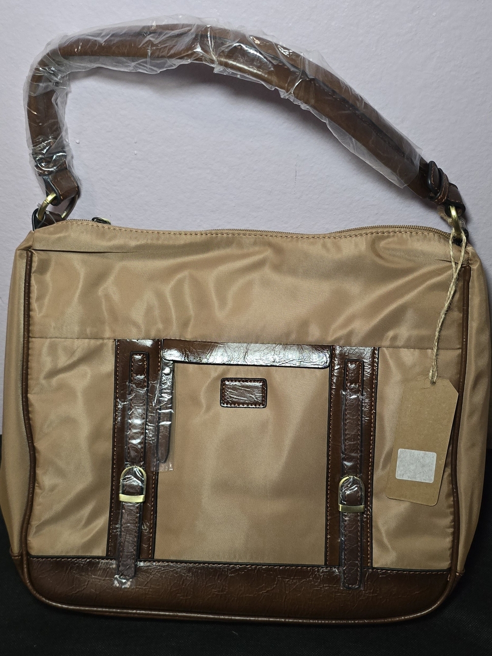 Men's Tan Shoulder Laptop Bag with Brown Trim - Classic Travel Satchel